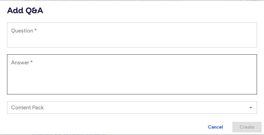 Add Q&A dialog with question, answer, and content pack fields