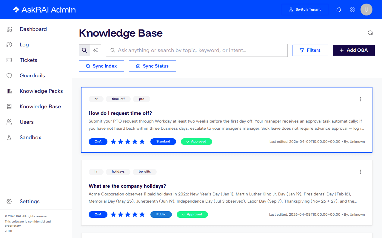 Knowledge Base page showing the search toolbar, the Sync Index and Sync Status actions, and a grid of Q&A cards with rating, sensitivity, and status badges