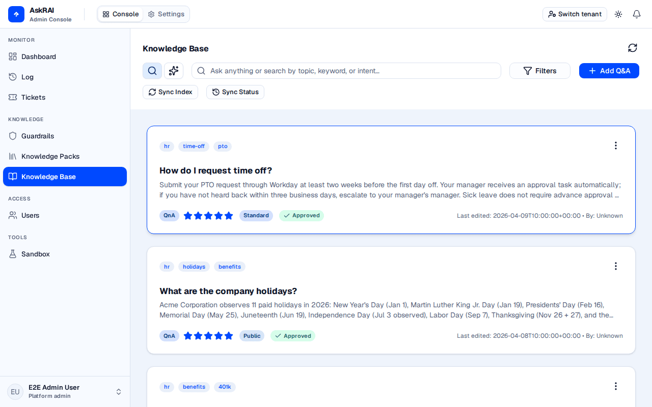 Knowledge Base page showing the search toolbar, the Sync Index and Sync Status actions, and a grid of Q&A cards with rating, sensitivity, and status badges