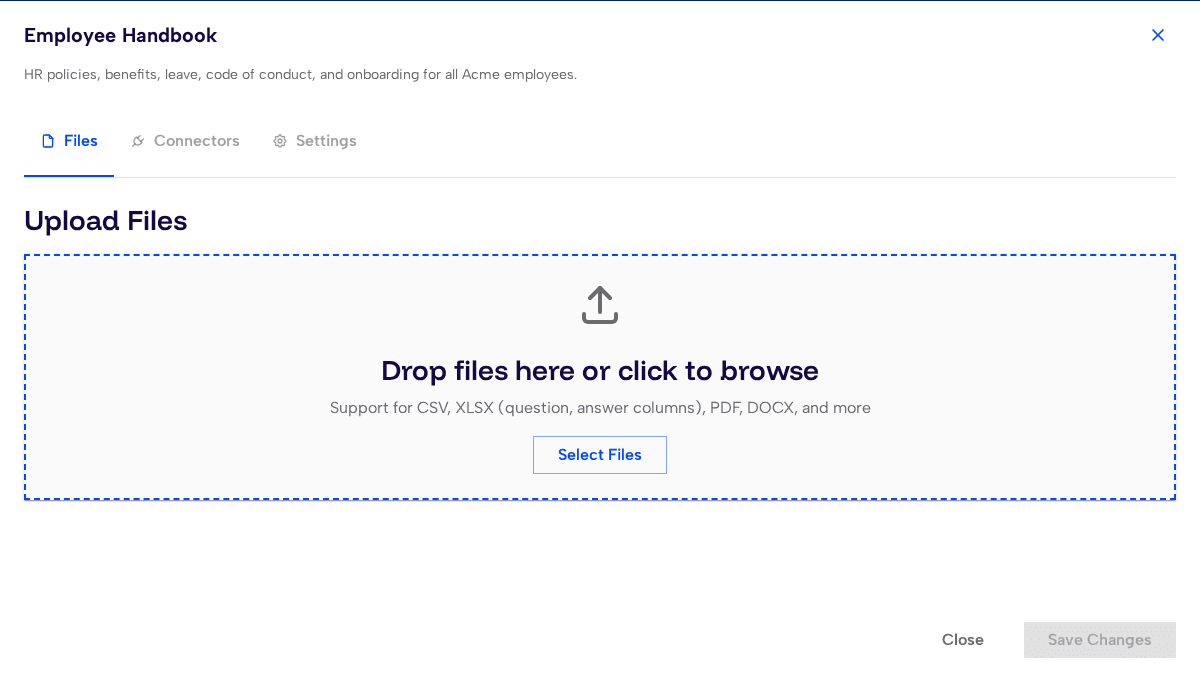 Knowledge pack details modal showing the Files tab with file upload area