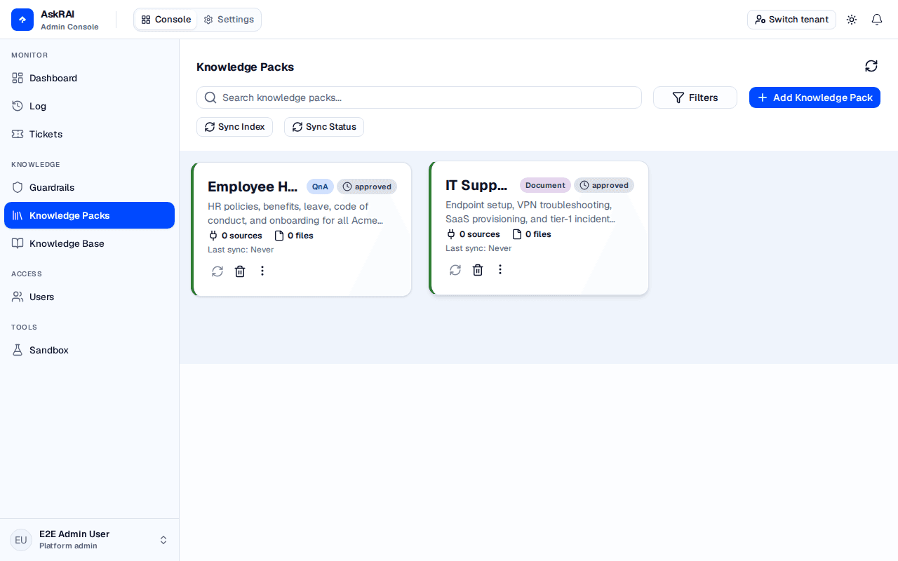 Knowledge Packs page showing pack cards with search, filters, and add button