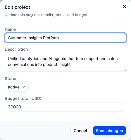 The Edit project dialog with Name, Description, Status, and Budget total fields