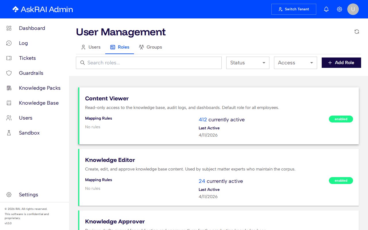 Roles tab showing role cards with mapping rules, active users, and status