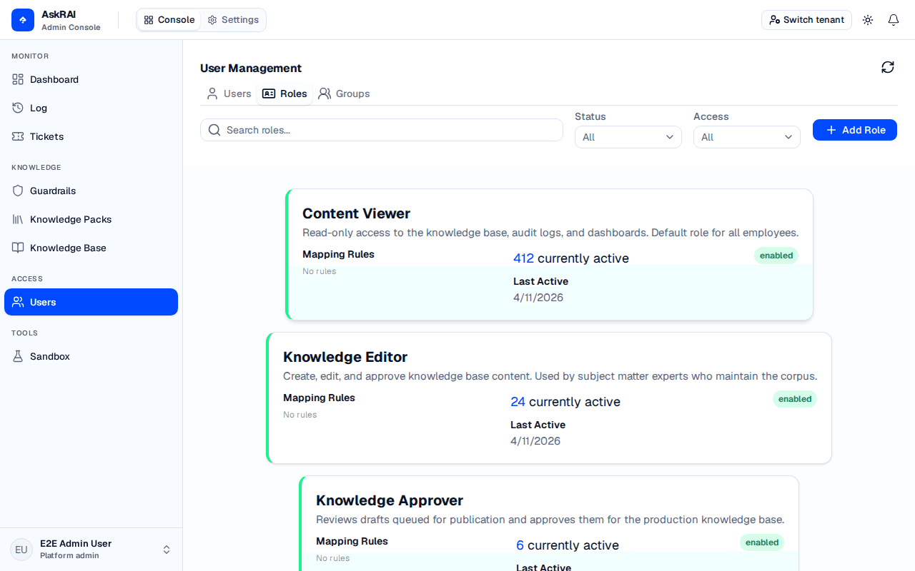 Roles tab showing role cards with mapping rules, active users, and status