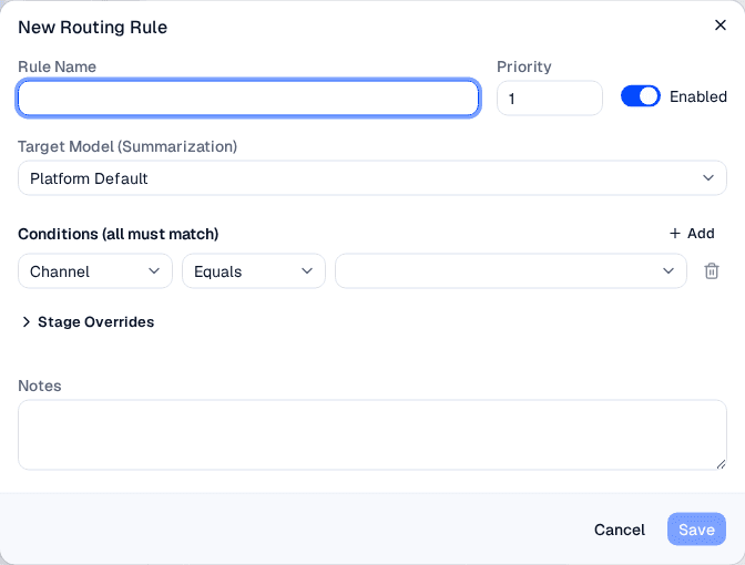 New Routing Rule dialog with fields for name, priority, target model, conditions, and stage overrides