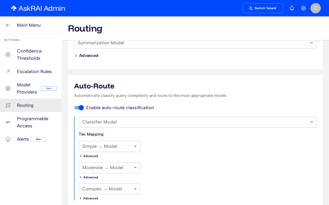 Routing page with auto-route enabled, showing the classifier model and tier mapping sections