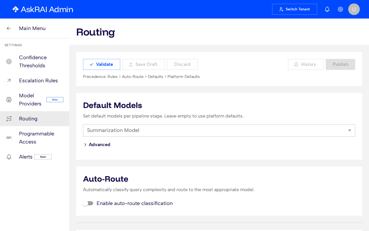 Model Routing page showing the publish bar, default models, auto-route, and routing rules sections
