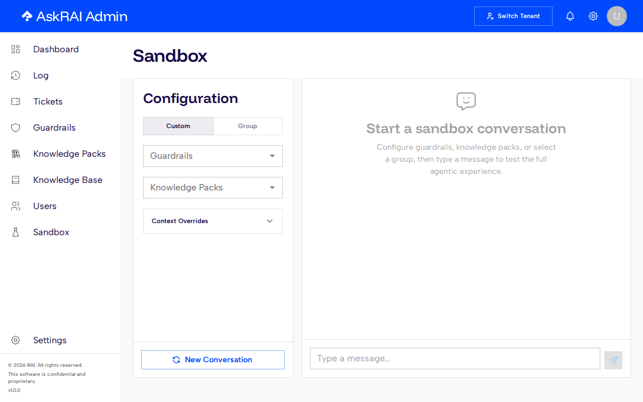 Sandbox page showing the configuration panel on the left and the chat panel on the right