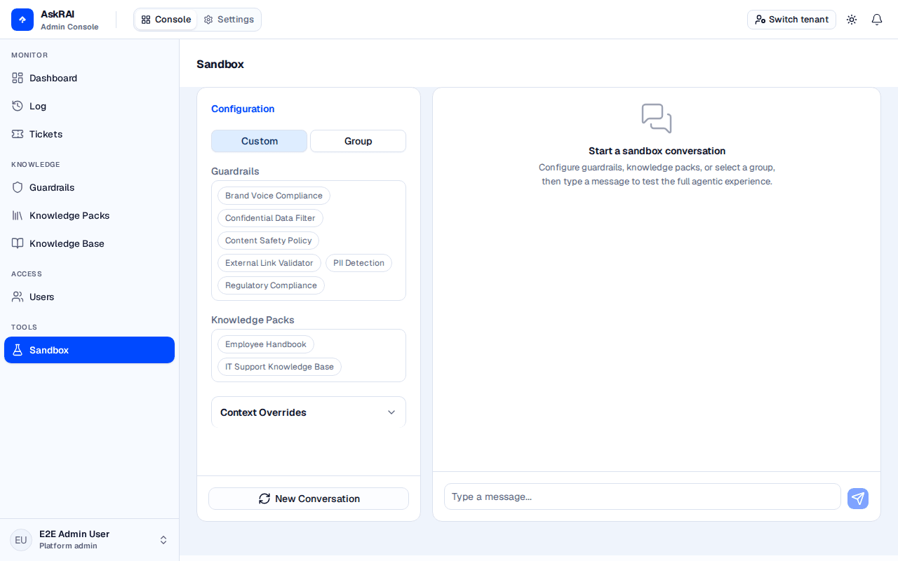Sandbox page showing the configuration panel on the left and the chat panel on the right