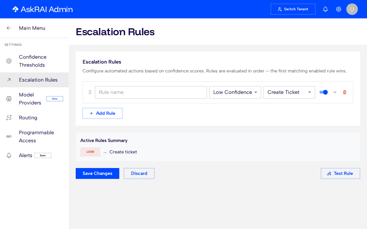 Settings page after clicking Add Rule, showing a new rule card