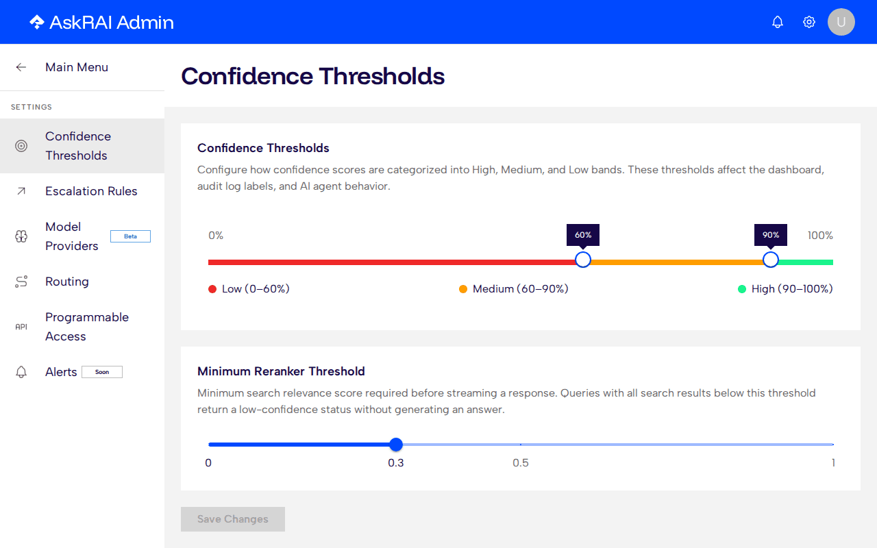 Settings page showing the Confidence Thresholds tab with both the banding slider and the minimum reranker slider
