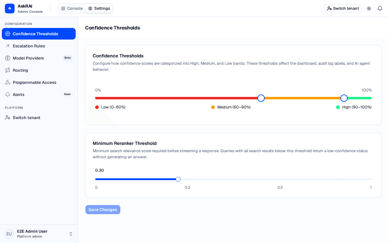Settings page showing the Confidence Thresholds section with both the banding slider and the minimum reranker slider