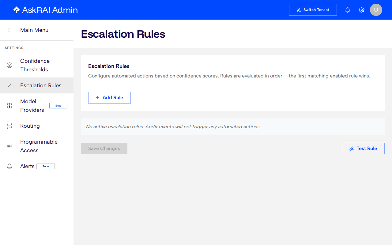Settings page showing the Escalation Rules tab with rule cards