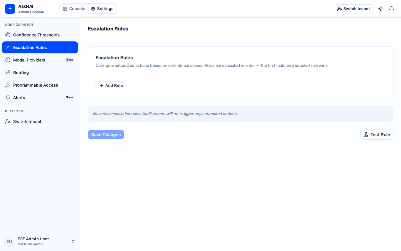 Settings page showing the Escalation Rules section with rule cards