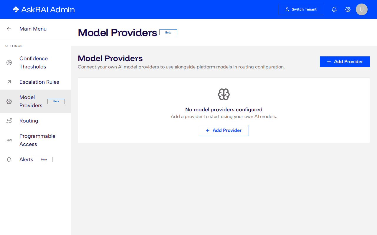 Settings page showing the Model Providers tab with the empty state and Add Provider button