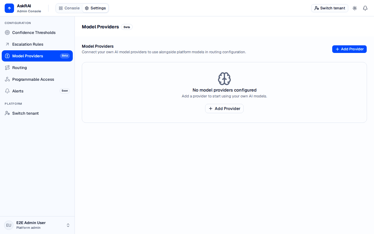 Settings page showing the Model Providers section with the empty state and Add Provider button