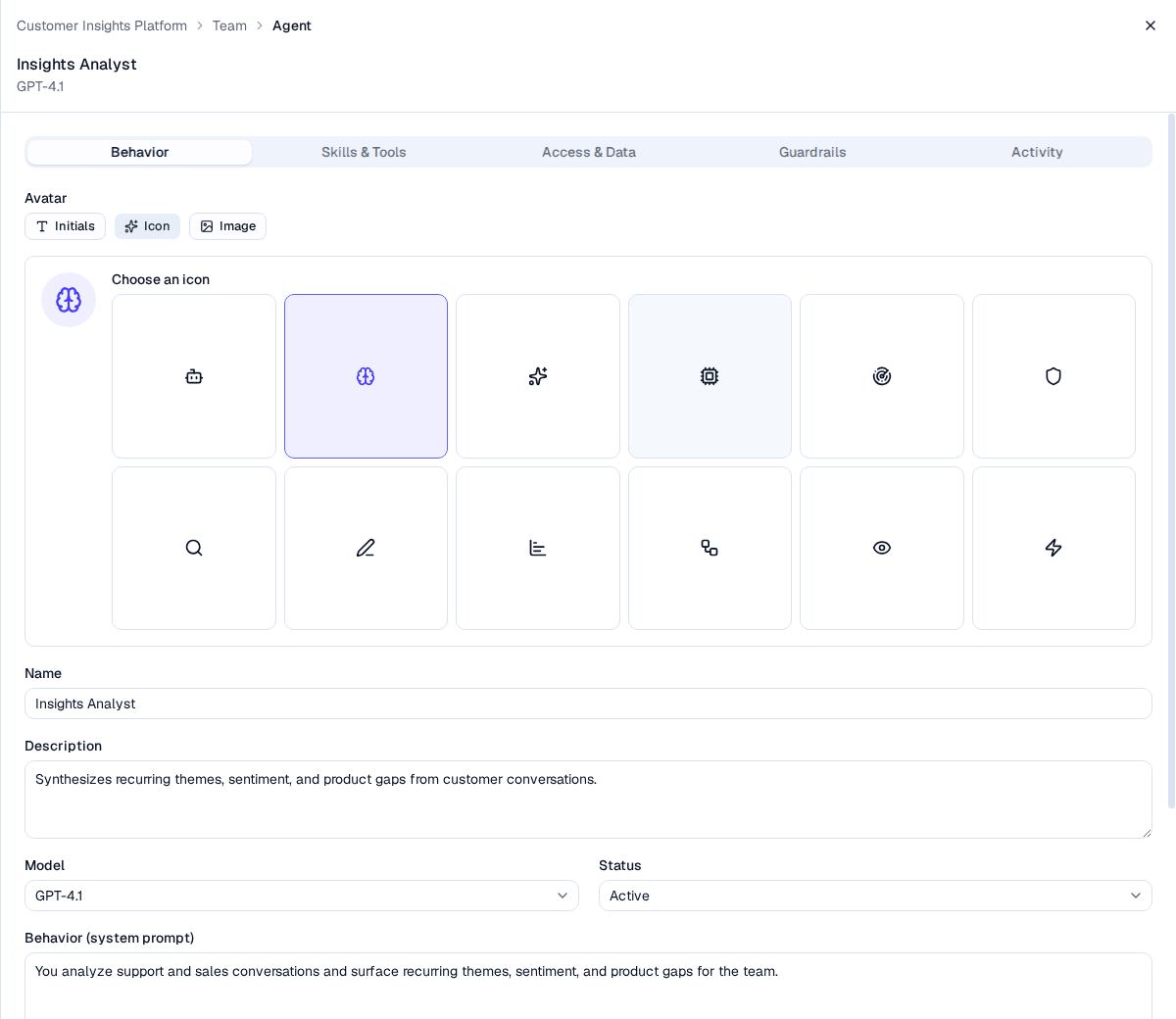 The agent detail panel open on the Behavior tab, showing the avatar picker, name, model, status, and system prompt