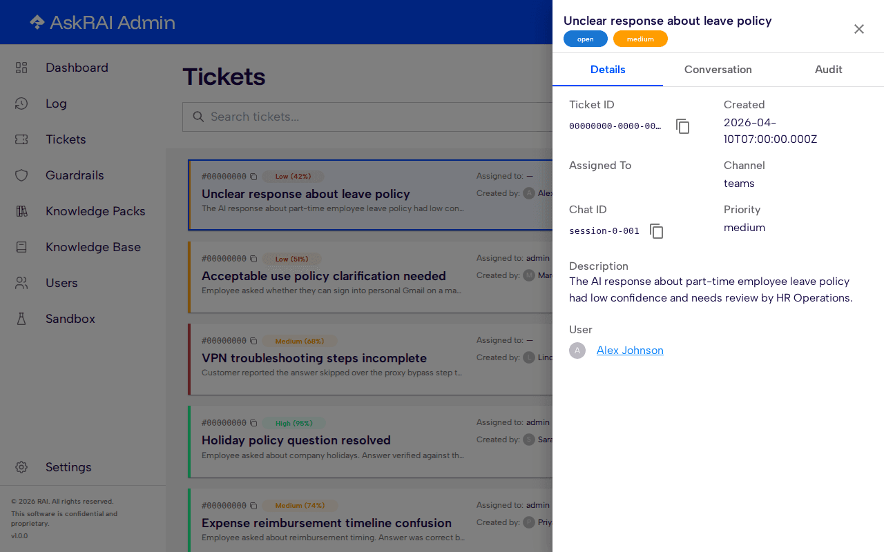Ticket details drawer showing the Details tab with ticket metadata