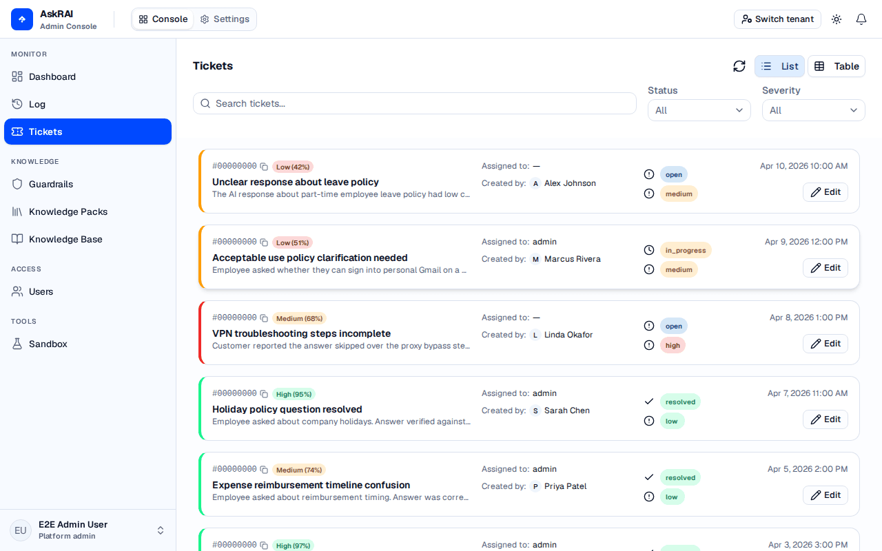 Tickets page showing a list of escalated tickets with status and severity indicators