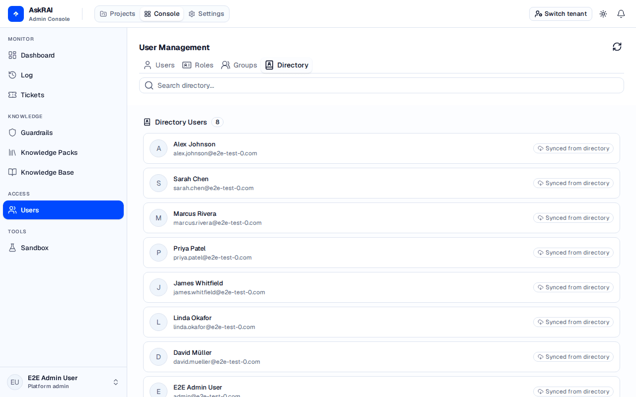The Users page Directory tab listing SCIM-provisioned users, each marked with a Synced from directory badge