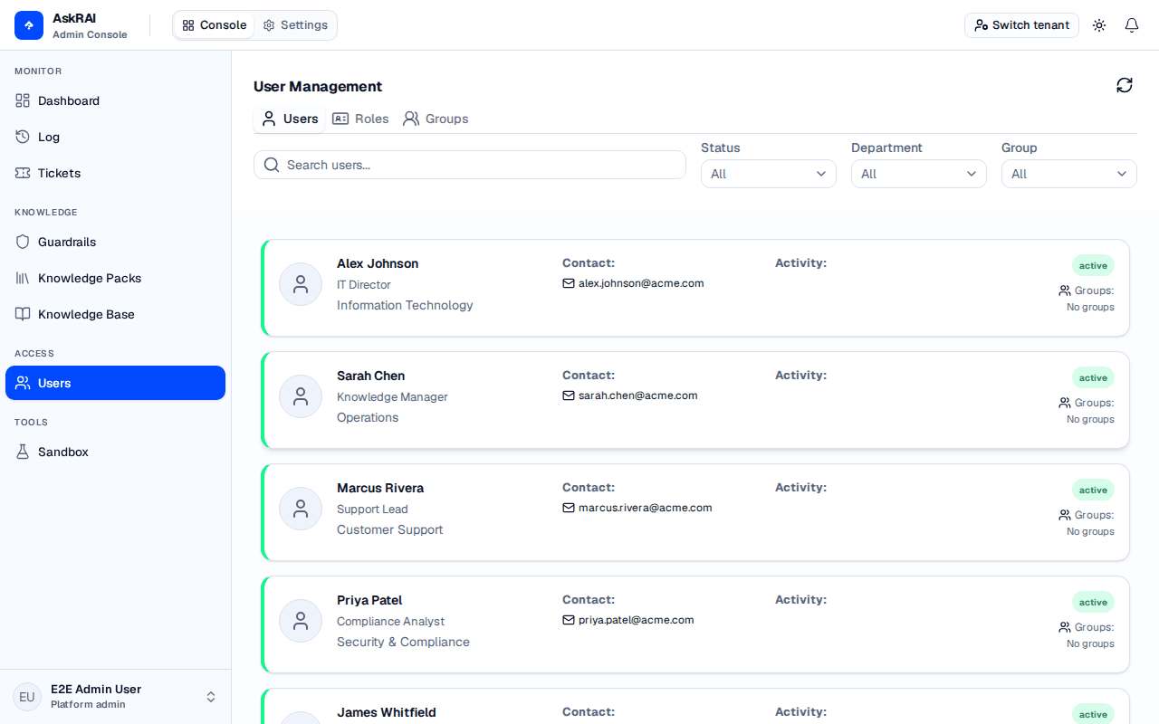 Users page showing the Users tab with user cards and status indicators