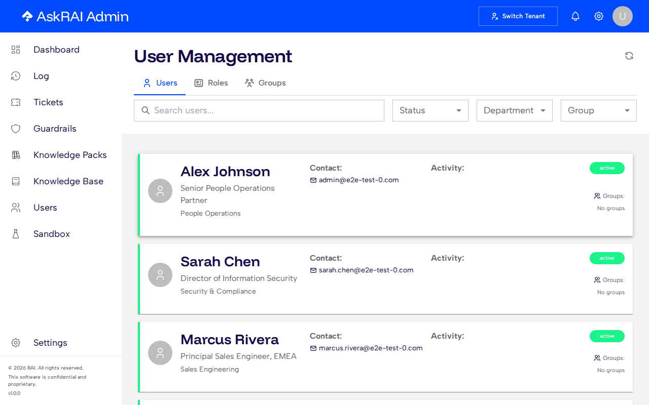 Users page showing the Users tab with user cards and status indicators
